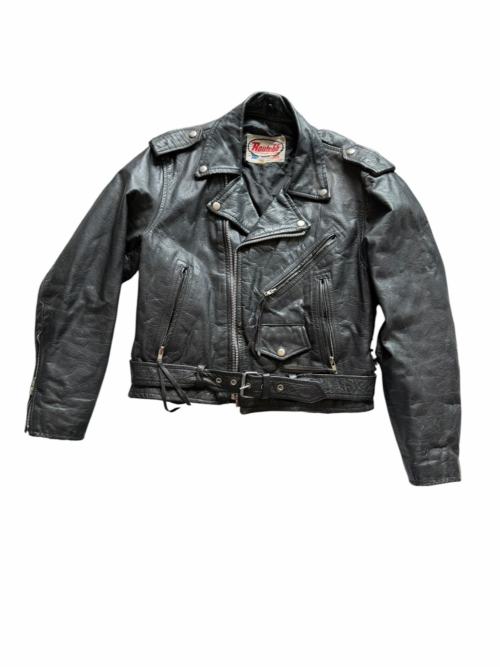 🌟Route 66 Vintage Grunge Black Authentic Leather Biker Jacket